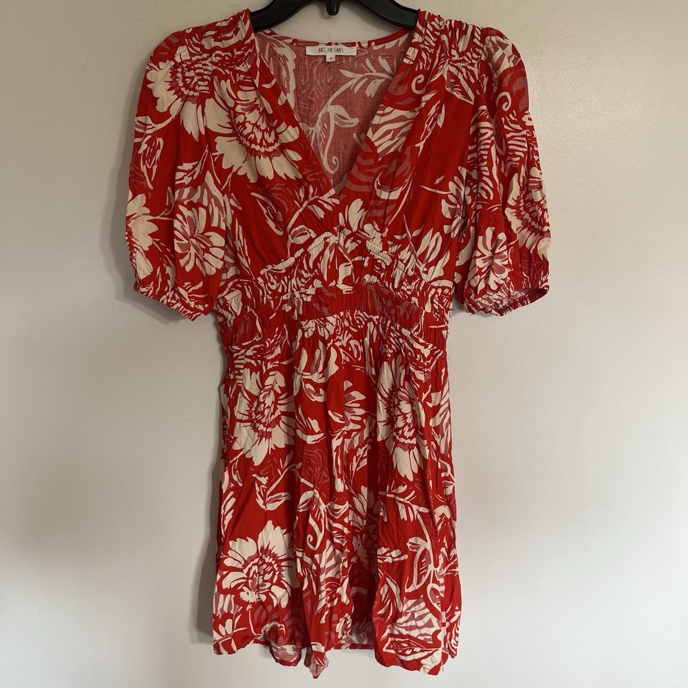Abel The Label Red Cream Floral Smocked V-Neck Mini Dress S TATL23027